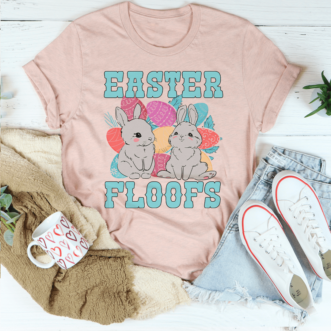 Peach crewneck T-shirt with Easter bunny graphic and “Floofs” text