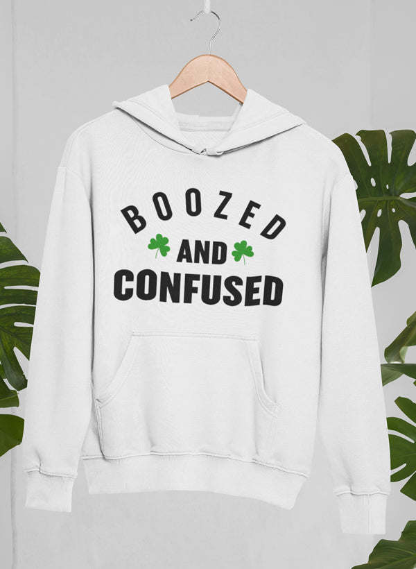 White pullover hoodie with kangaroo pocket and 'BOOZED AND CONFUSED' graphic