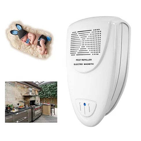 White wall pest repeller with speaker grille and front label, electric magnetic