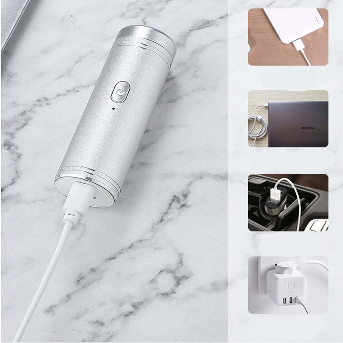 Silver USB mini electric shaver with charging port and white cable