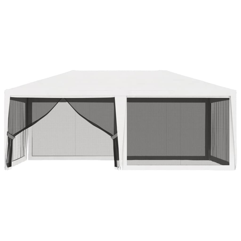 White party tent with gray mesh end panels and a peaked roof section