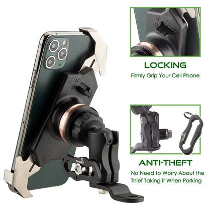 Motorcycle anti-vibration phone holder with clamp and adjustable mirror-mount arm