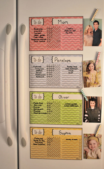 Kids chore chart set shown on wall with names Mom, Penelope, Oliver, Sophia.