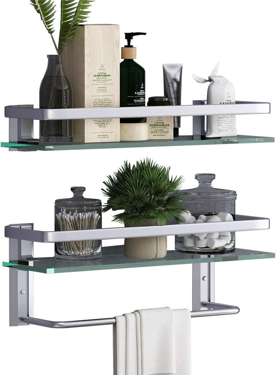 Wall-mounted 2-tier glass bathroom shelf with towel holder, clear glass and silver frame