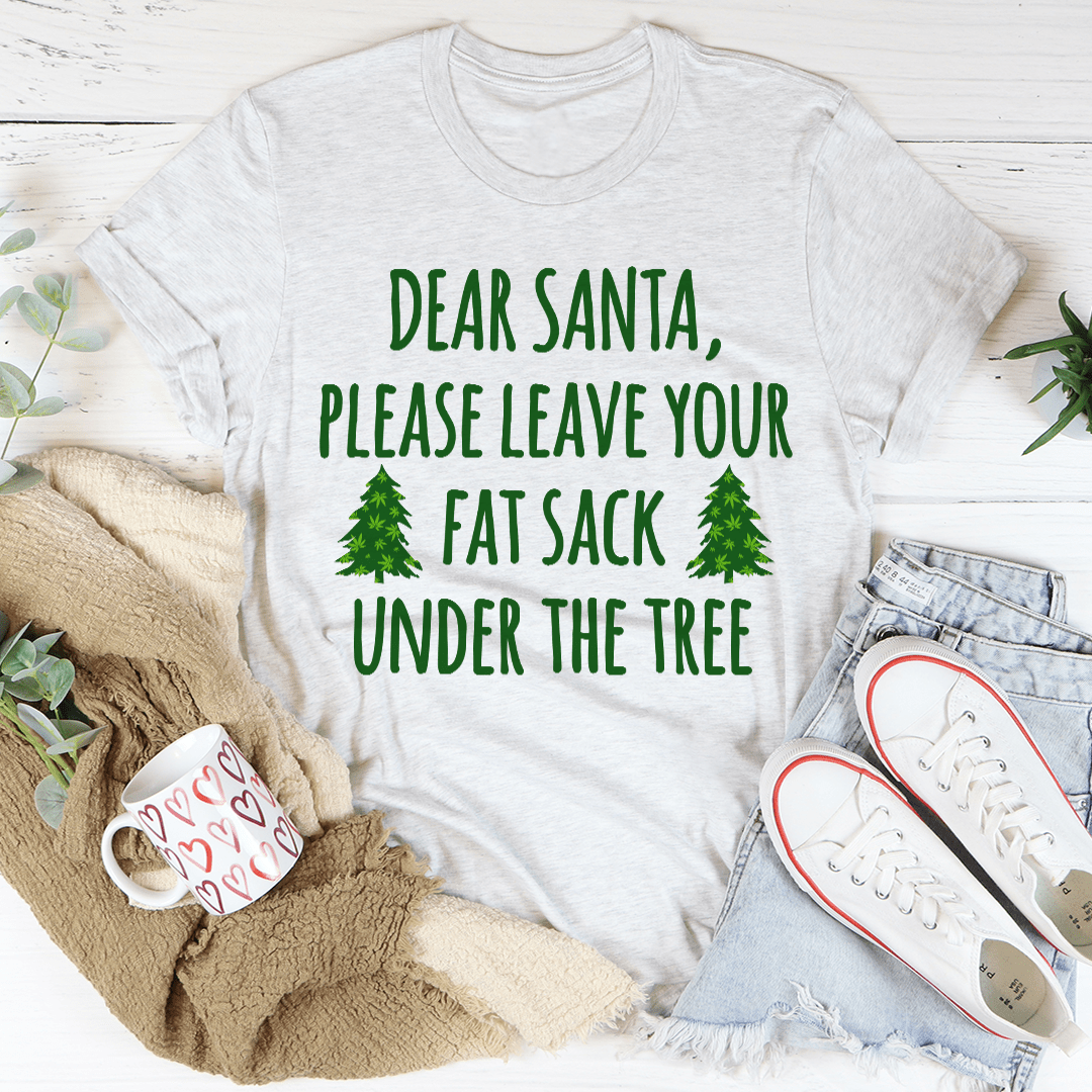 Light grey graphic T-shirt with green 'Dear Santa' text and tree icons