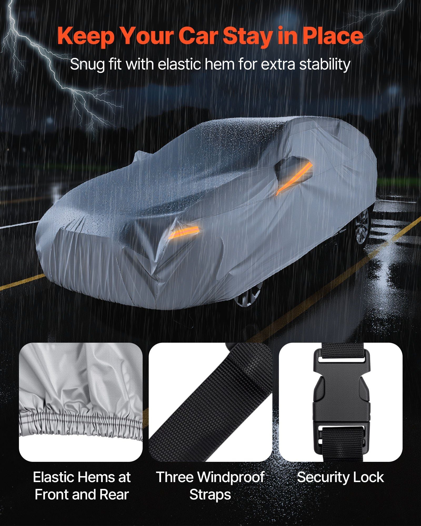 White car cover with elastic hems, three waterproof straps, and security lock tab