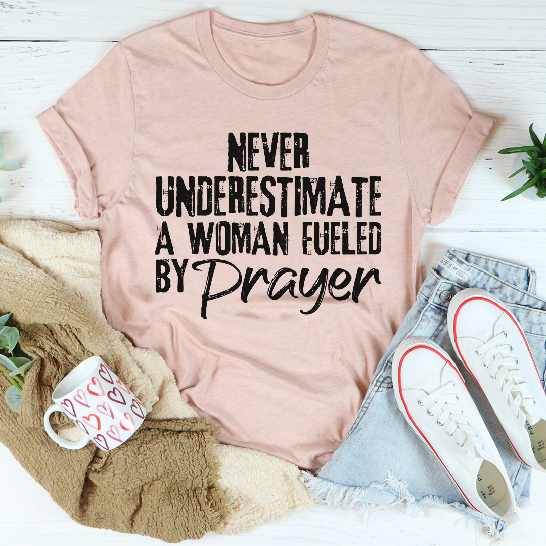 Heather Prism Peach crewneck T-shirt with large 'Never Underestimate... by Prayer' text print