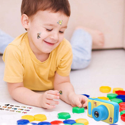 Kids digital video camera with blue body and circular blue lens ring