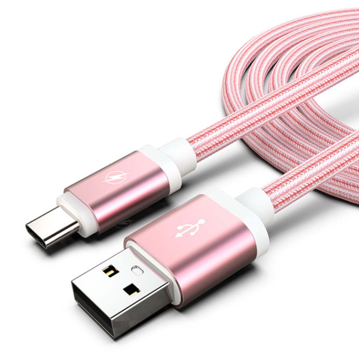 Rose gold braided USB-A to USB-C cables with white connector housings and plugs