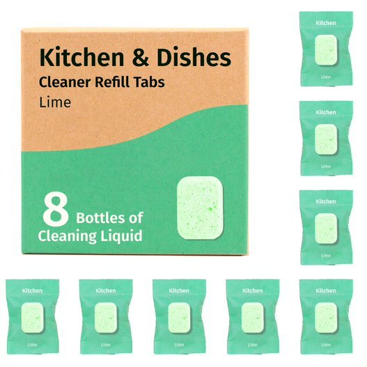 Kitchen cleaner refill tabs pack with lime sachets and 8 cleaning liquid label