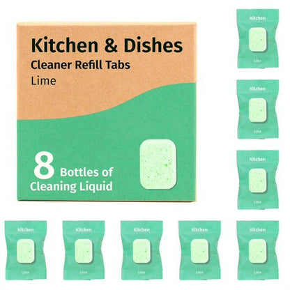 Kitchen cleaner refill tabs pack with lime sachets and 8 cleaning liquid label