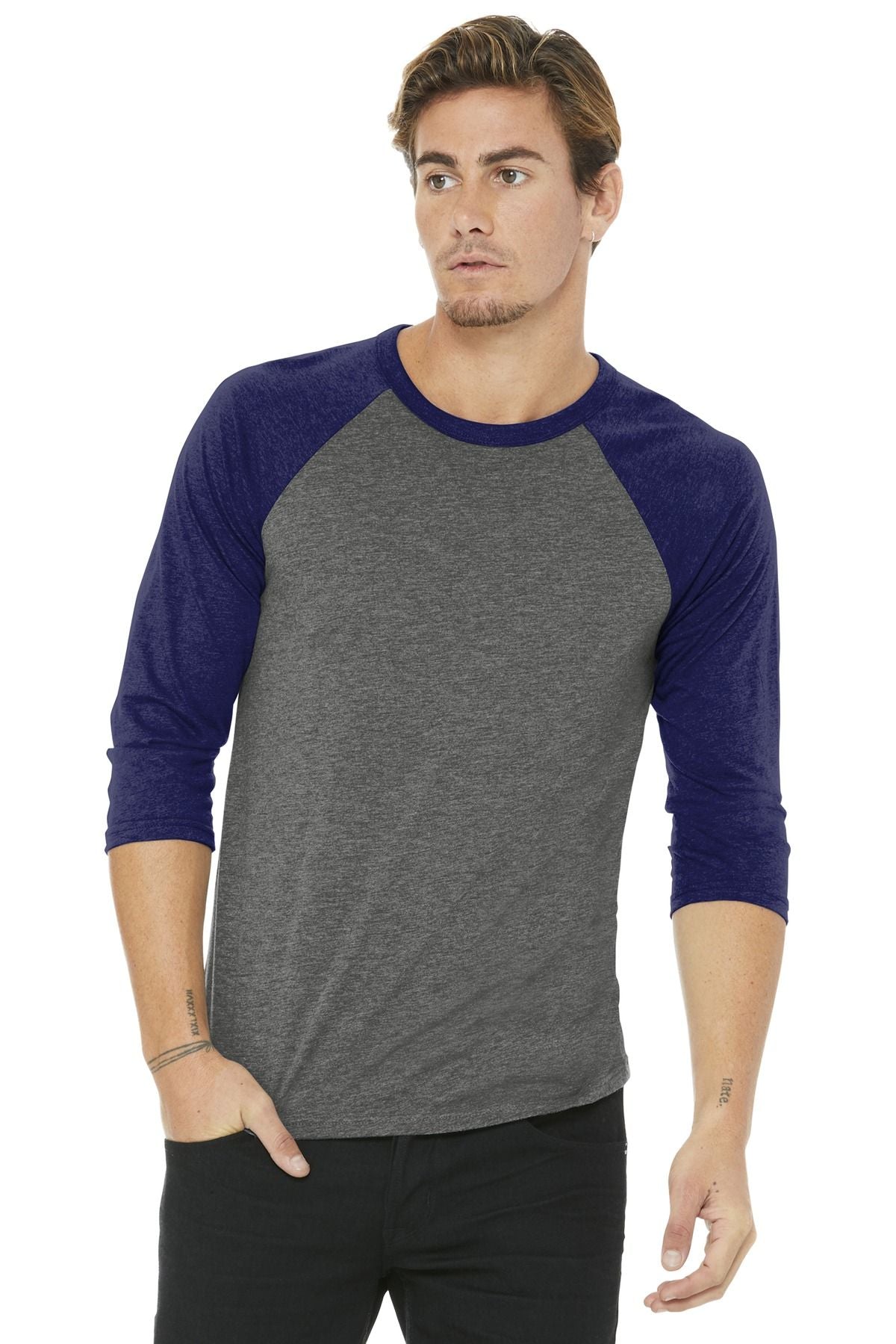 Unisex 3/4-sleeve baseball tee with gray body and navy raglan sleeves