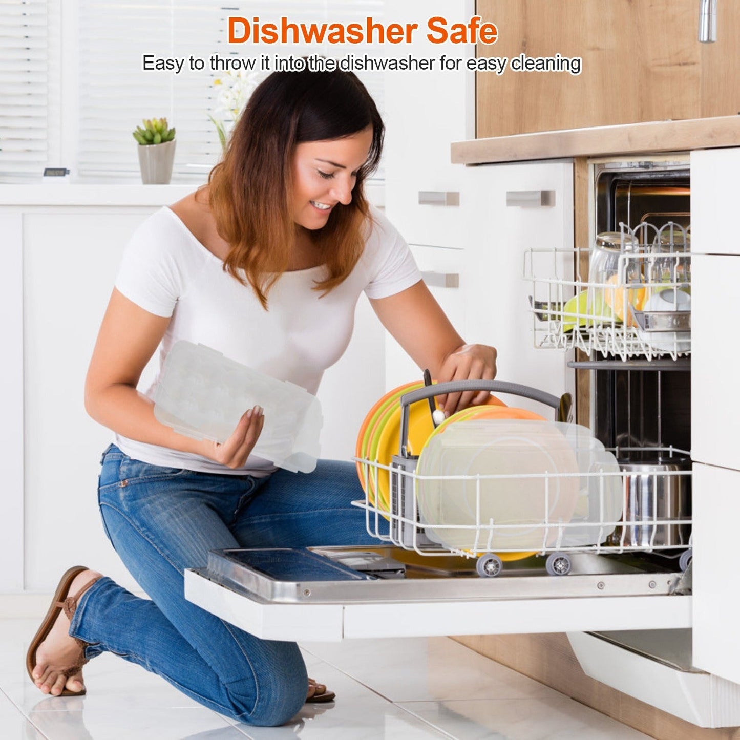 Dishwasher-safe plastic egg storage bin with lid, loaded for cleaning
