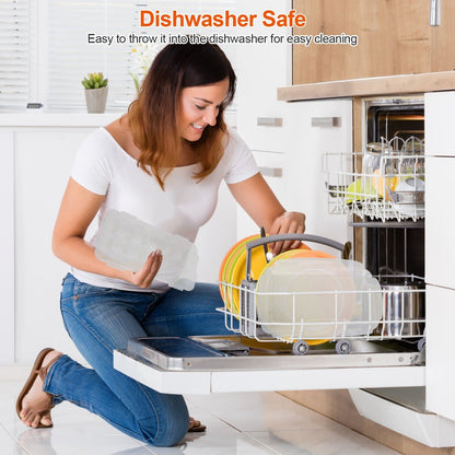 Dishwasher-safe plastic egg storage bin with lid, loaded for cleaning