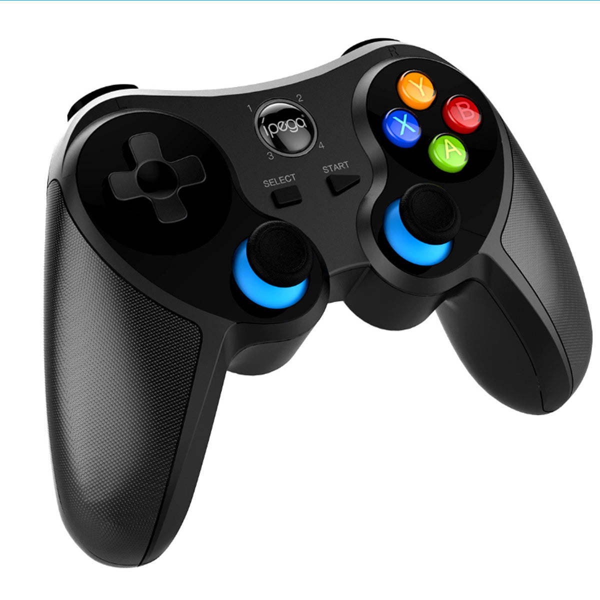 Black ipega wireless game controller with textured grips and colored face buttons