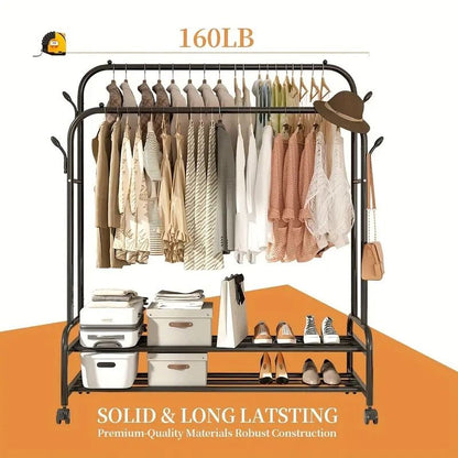 Heavy-Duty Rolling Metal Garment Rack with Dual Bars - Portable Clothes Hanger w/Shelves - Hooks, Multi-Functional Wardrobe Organizer for Bedroom/Laundry,