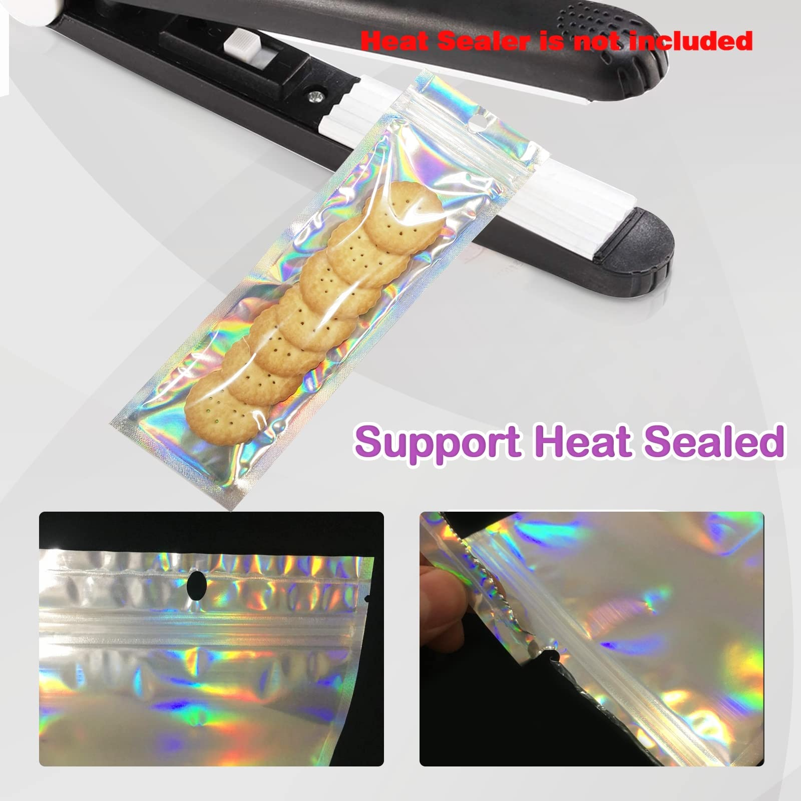 Holographic foil pouch bag being heat-sealed, resealable zip top