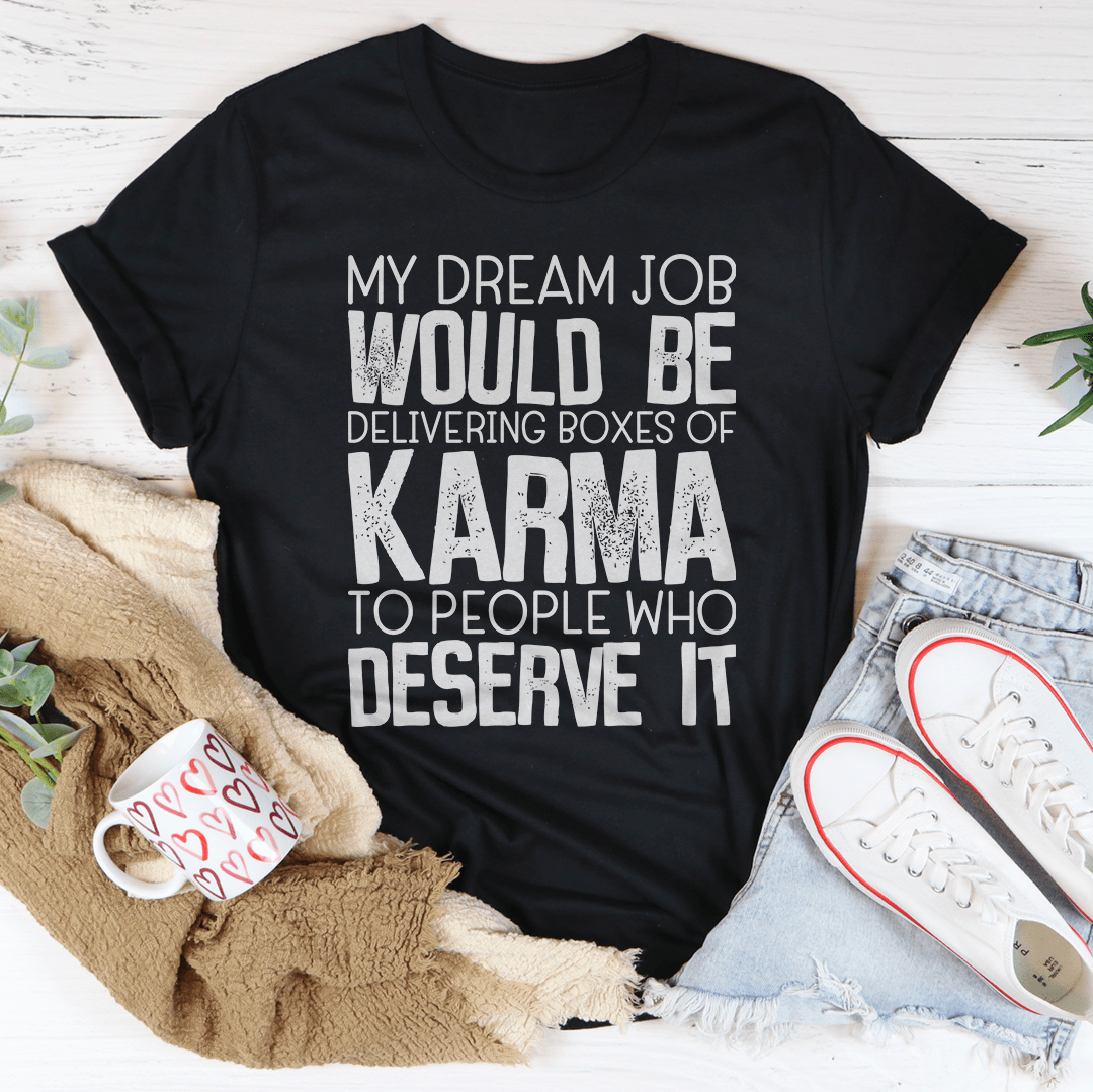 Black crewneck T-shirt with KARMA slogan in stacked layout