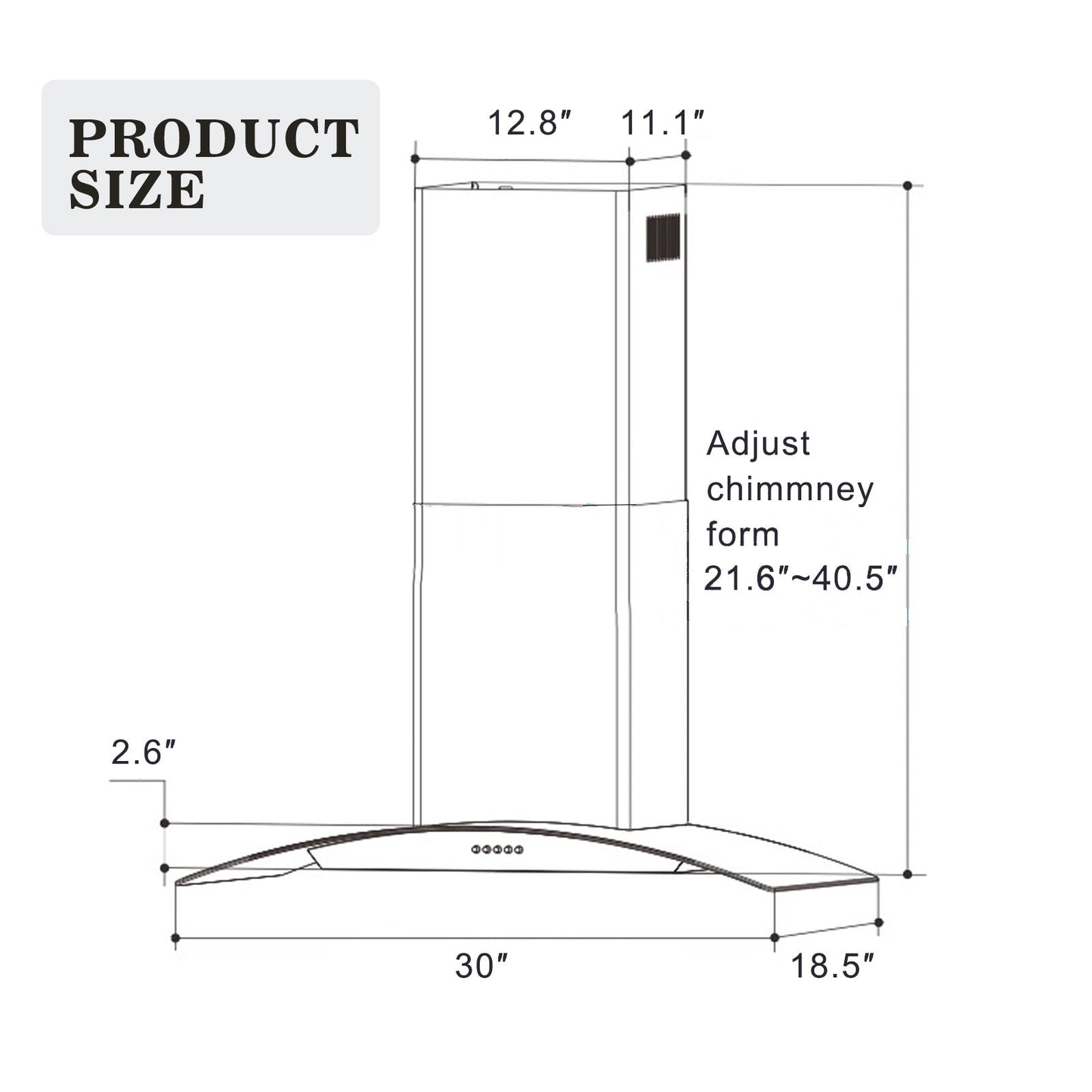 30-inch wall mounted range hood diagram with adjustable chimney height measurements
