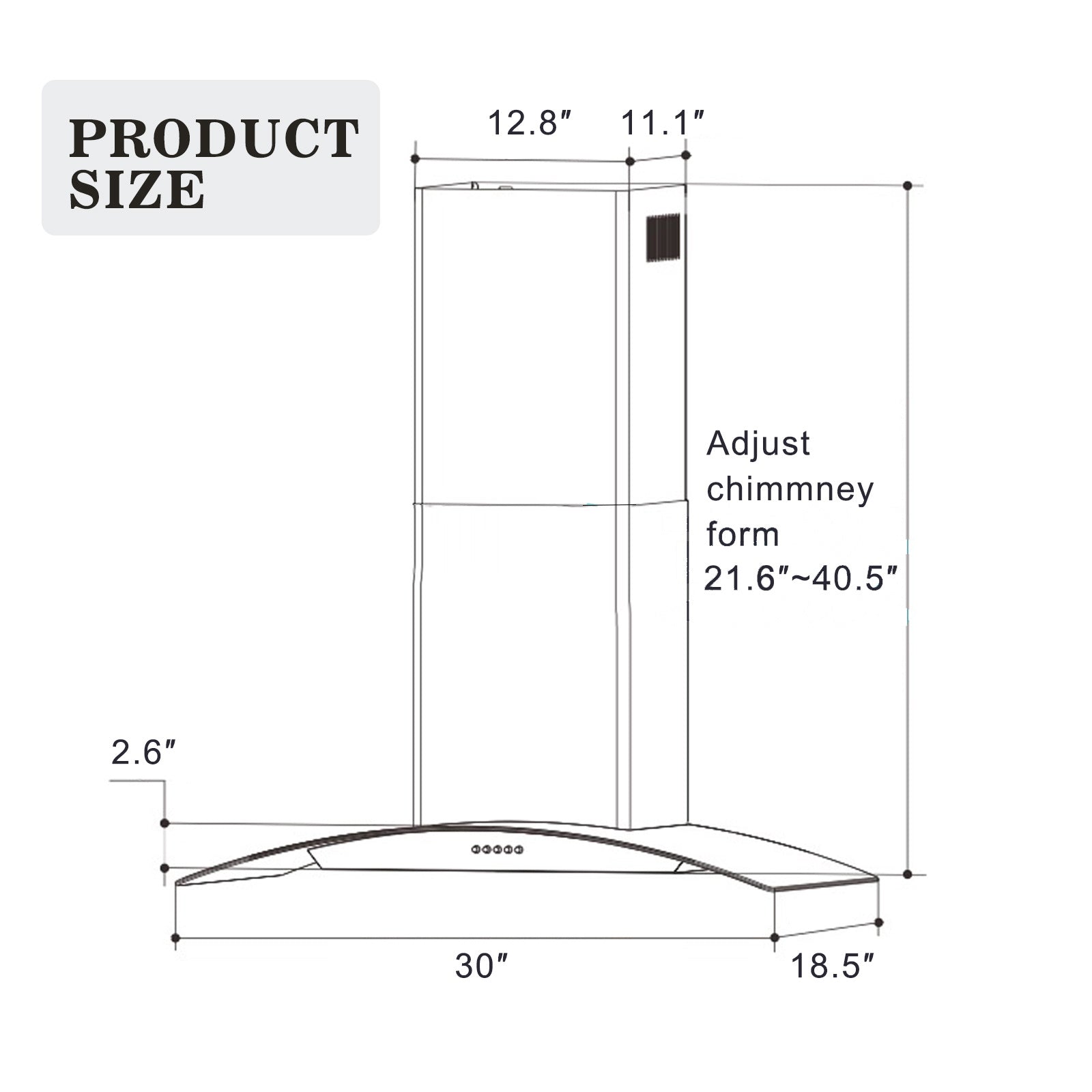 30-inch wall mounted range hood diagram with adjustable chimney height measurements