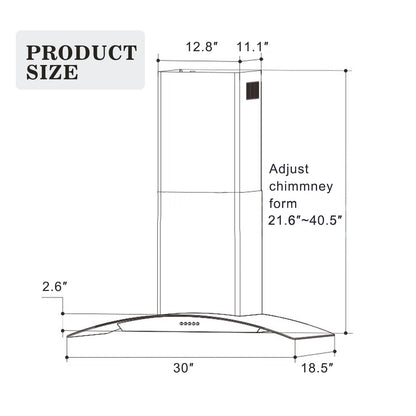 30-inch wall mounted range hood diagram with adjustable chimney height measurements