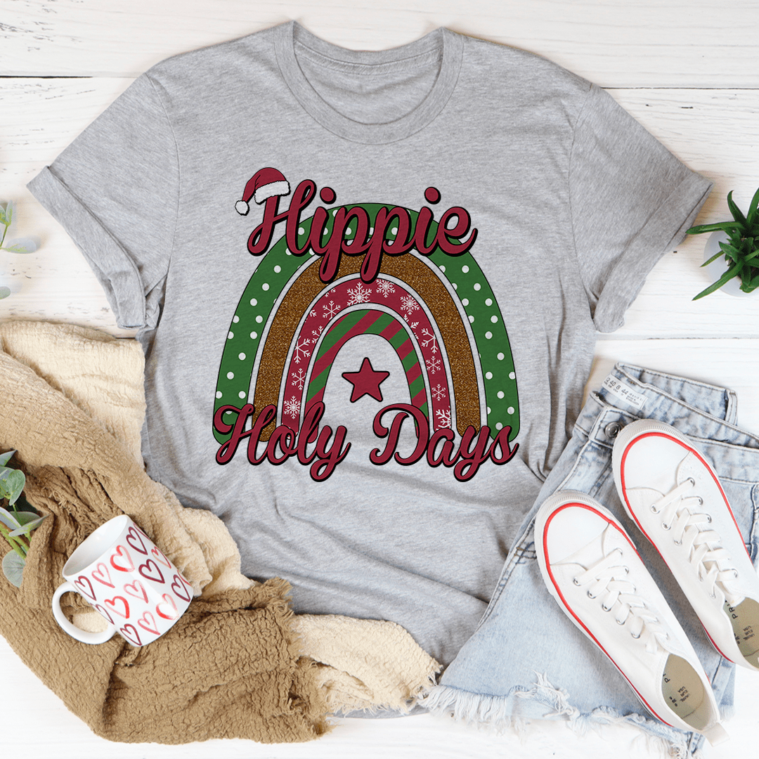 Heather gray crewneck t-shirt with red script and rainbow arch front print