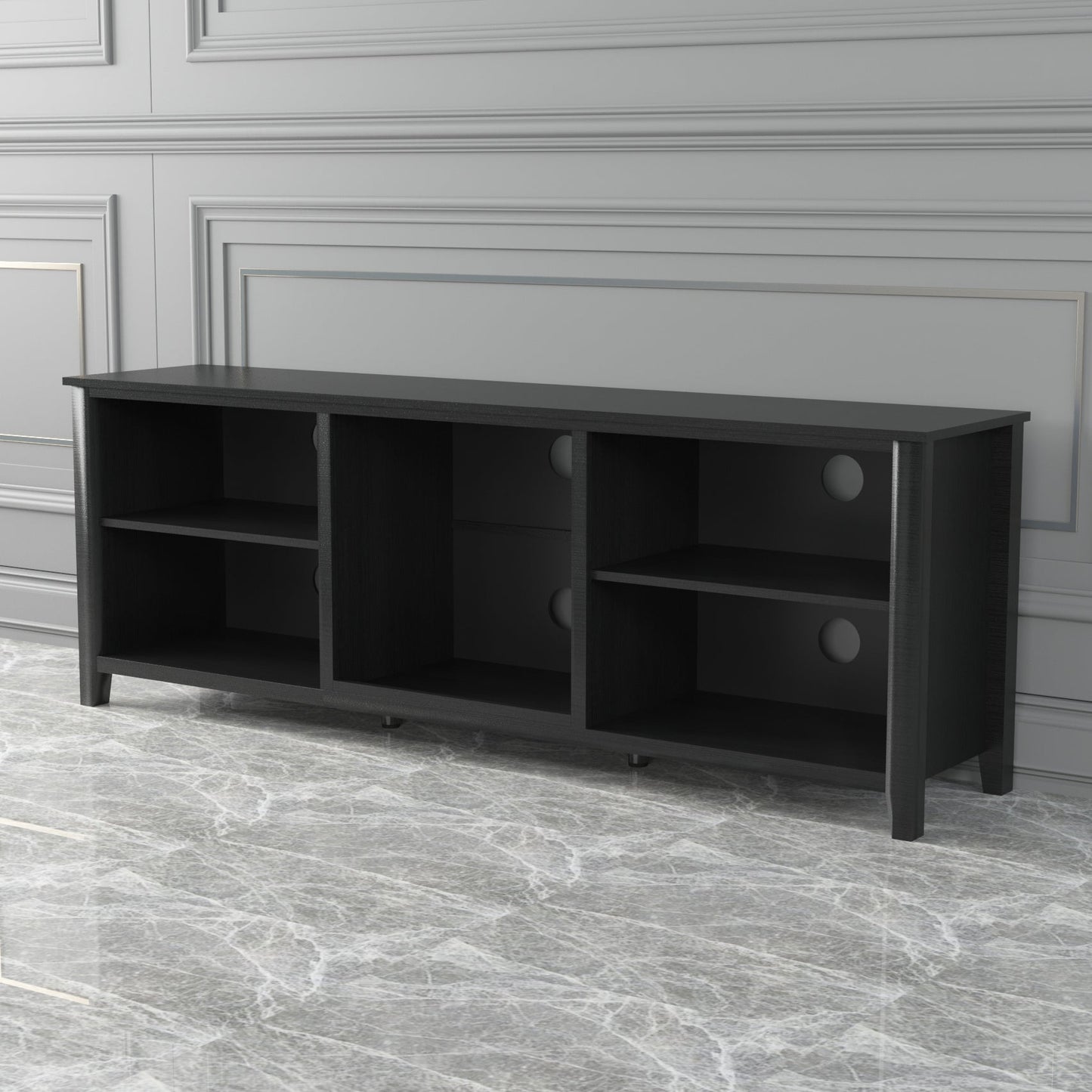 Black TV stand storage console with multiple open compartments and round pull drawers.