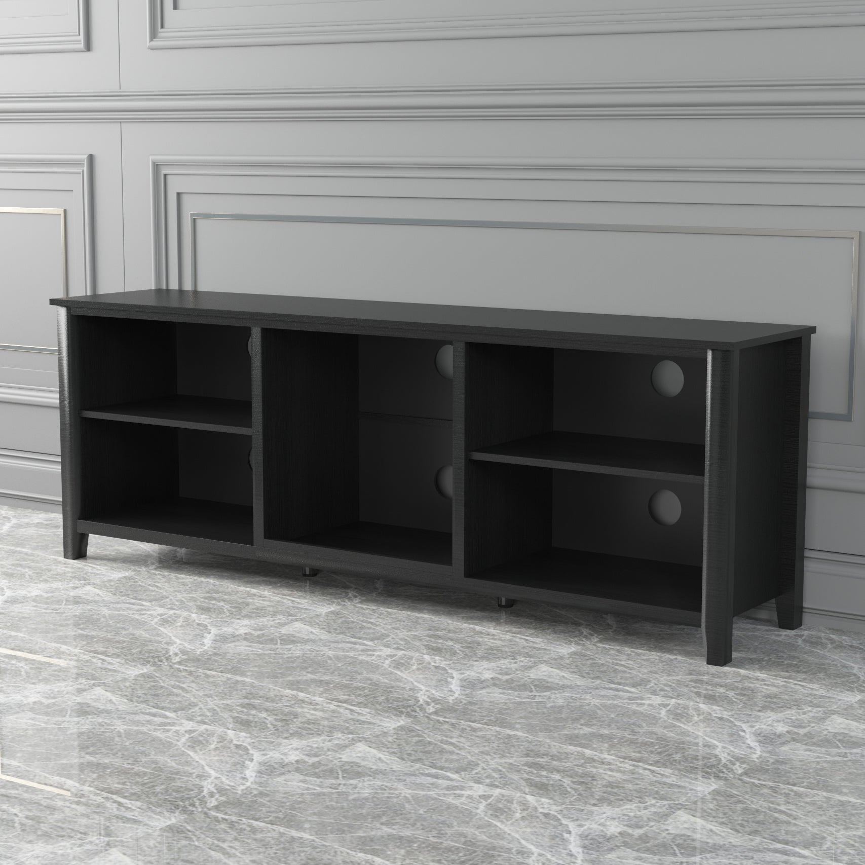 Black TV stand storage console with multiple open compartments and round pull drawers.