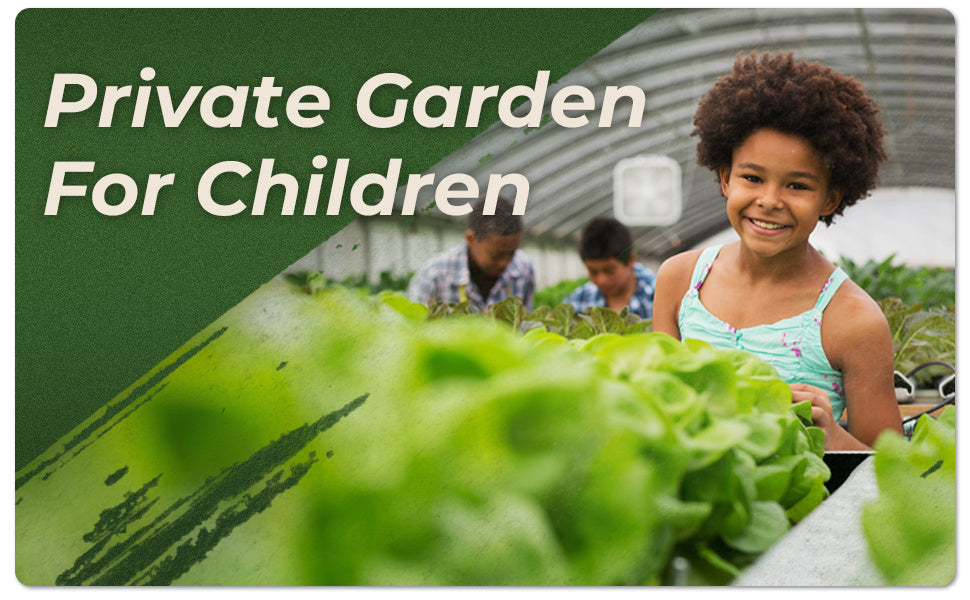 Raised garden bed planter with leafy greens and a child beside the bed