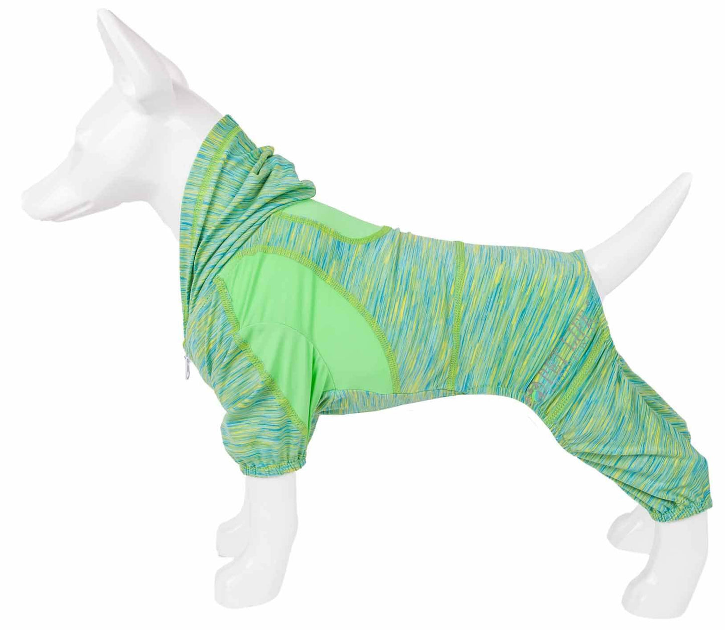 Dog full-body hoodie in two-tone neon green and blue heather, hooded zip front
