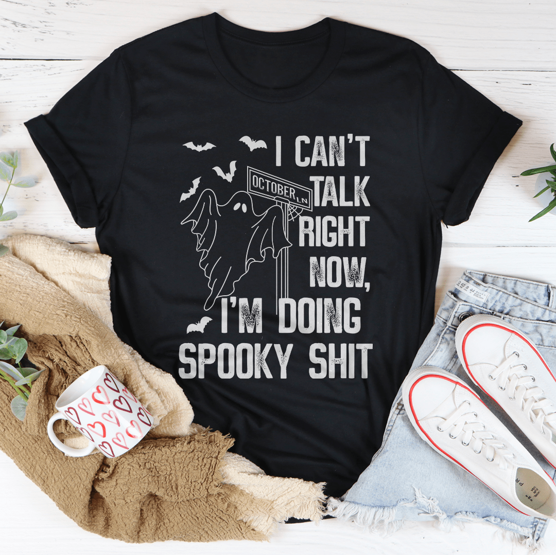 Black spooky T-shirt with ghost and bats graphic and stacked text design