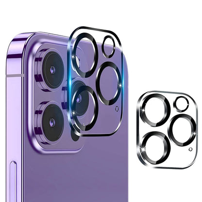 Tempered glass camera lens protectors with metallic rings on a purple phone