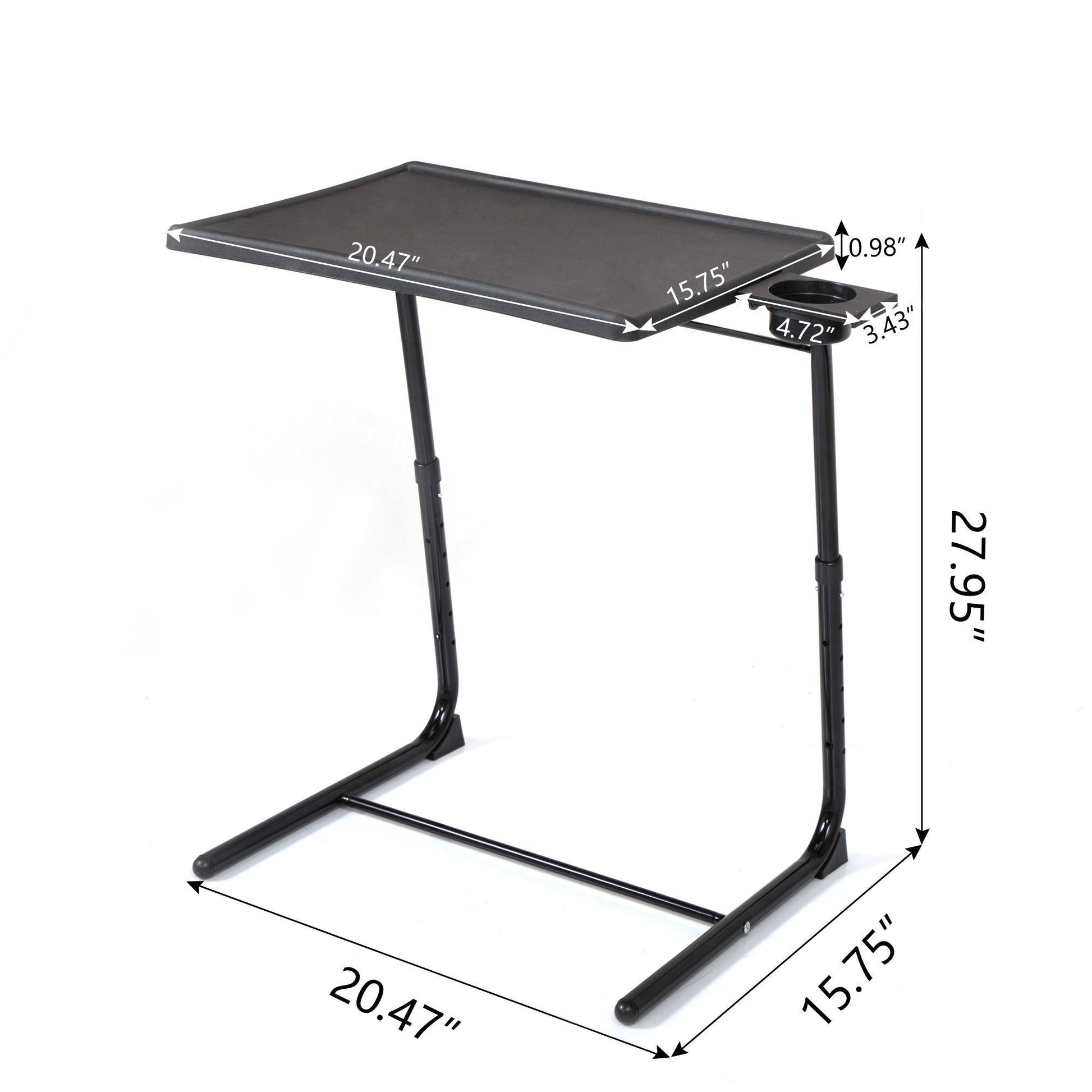 Black adjustable TV tray table with height and width measurements shown
