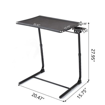 Black adjustable TV tray table with height and width measurements shown