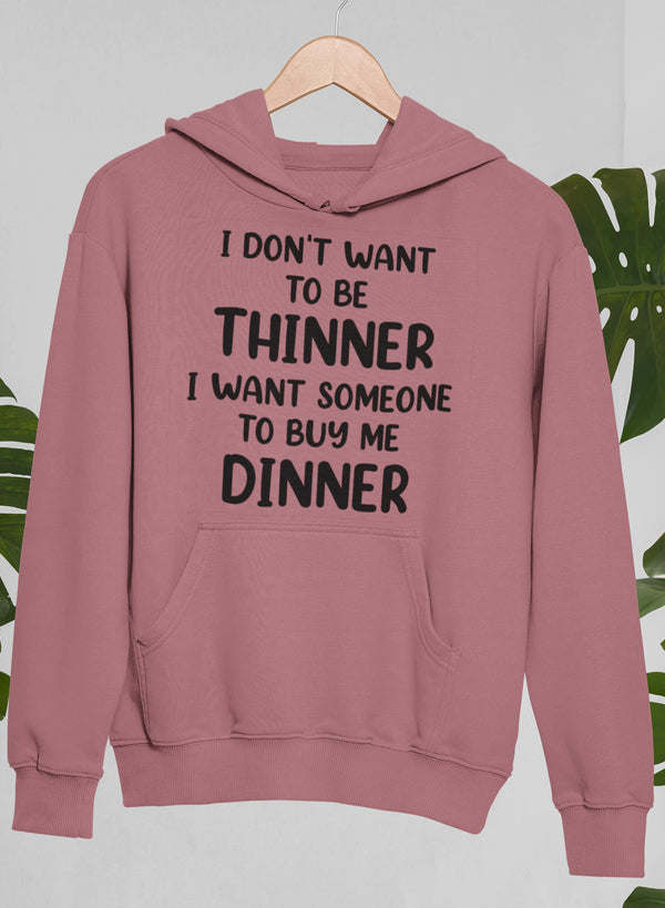 Mauve pullover hoodie with hood, kangaroo pocket, and 'DINNER' slogan graphic