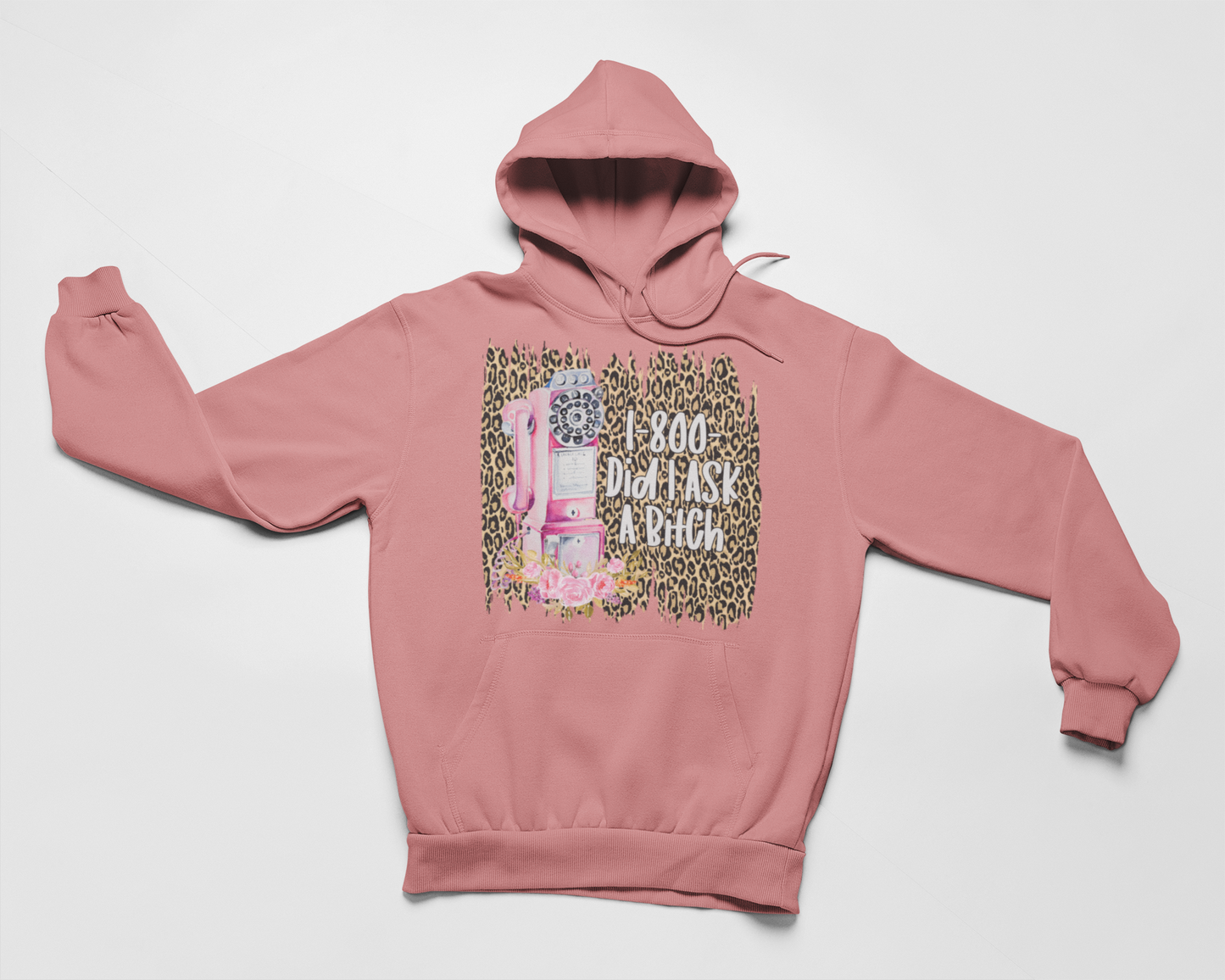Peach pullover hoodie with hood, kangaroo pocket, and front graphic print