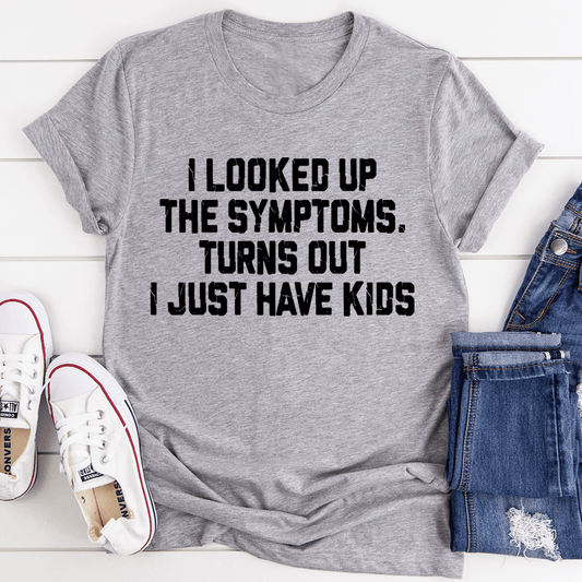 Heather gray kids T-shirt with bold slogan graphic about looking up symptoms