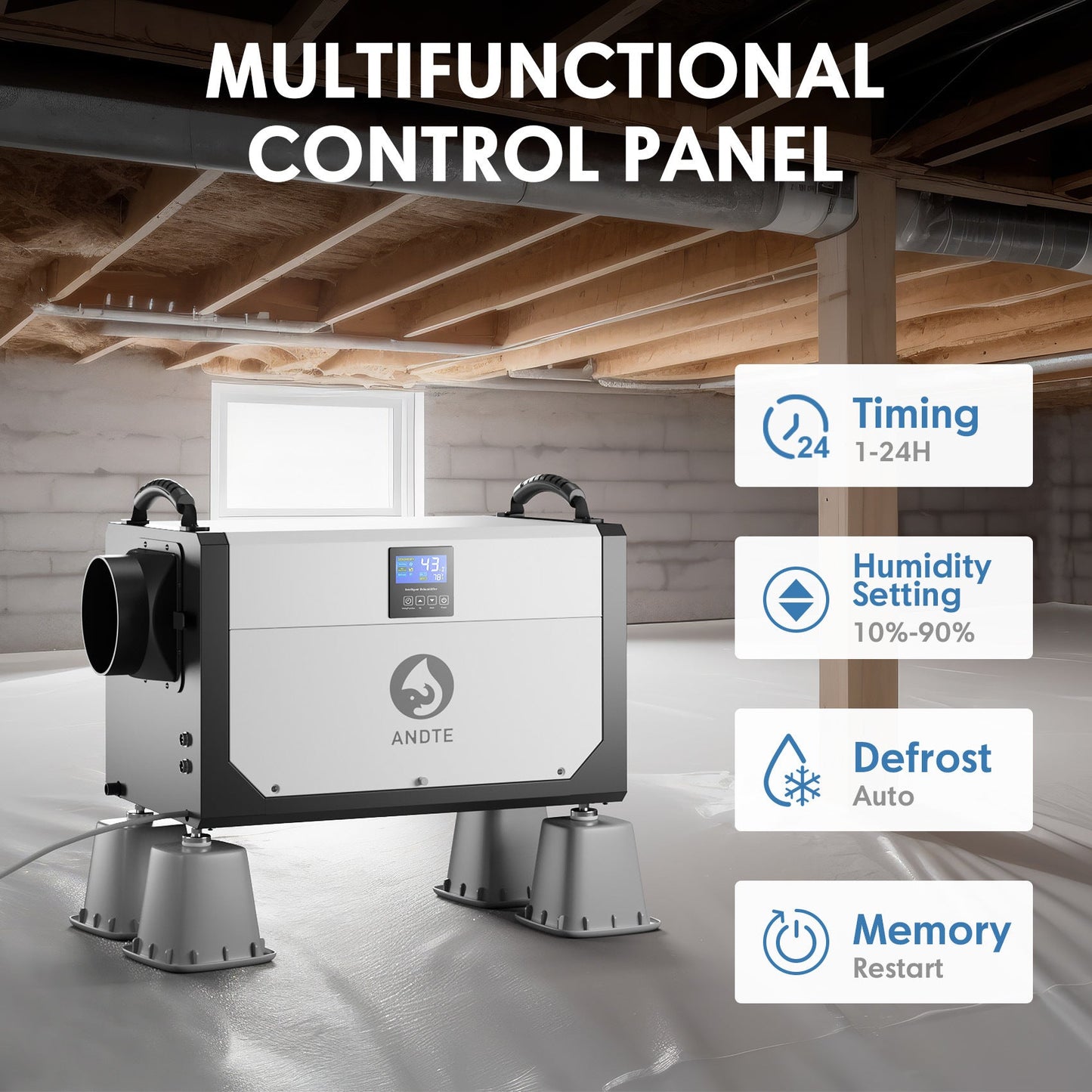 White dehumidifier with multifunction control panel and front humidity display