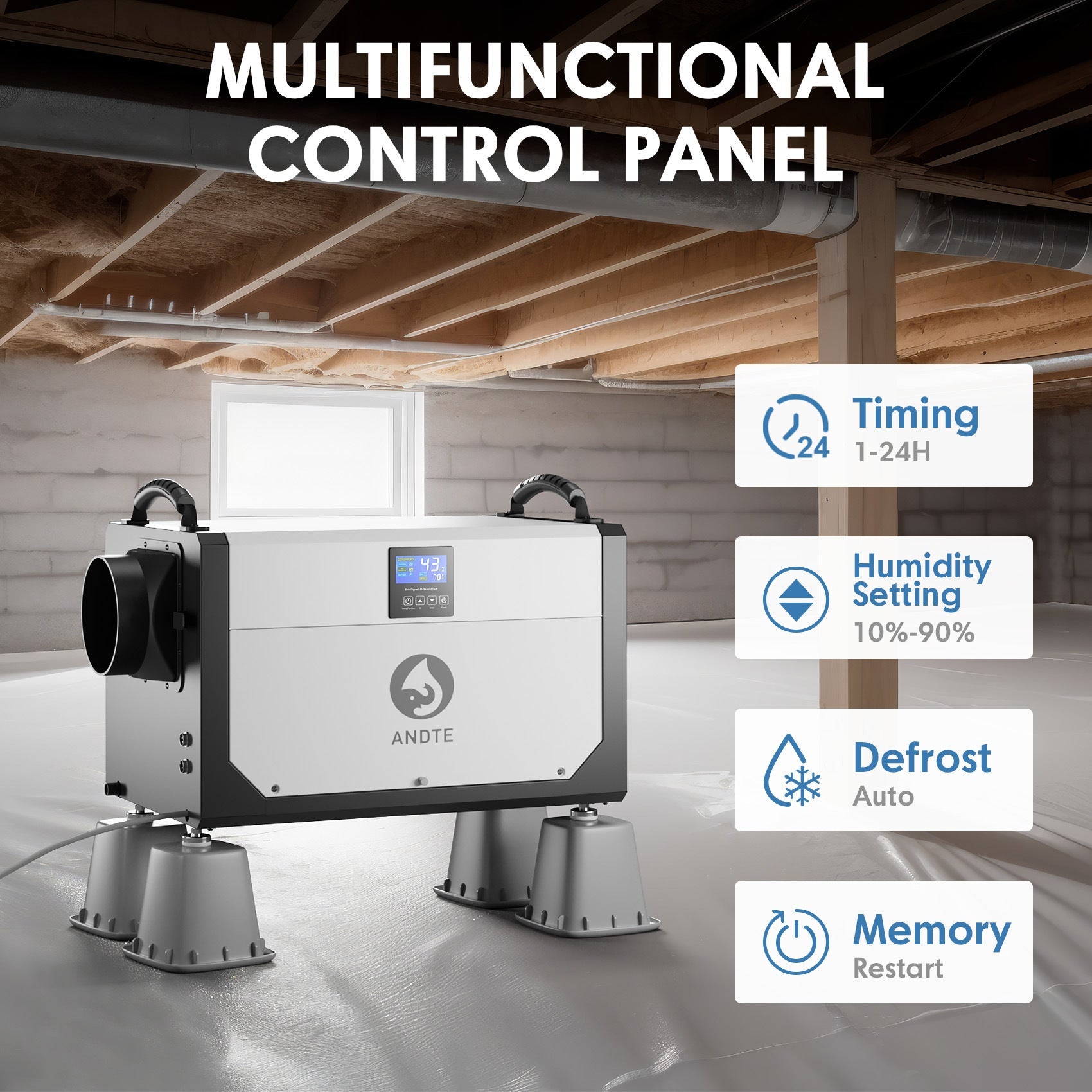 White dehumidifier with multifunction control panel and front humidity display