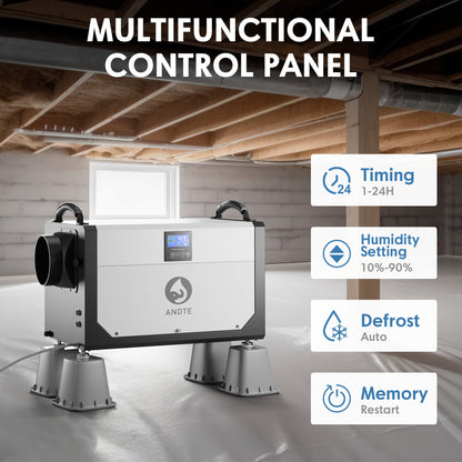 White dehumidifier with multifunction control panel and front humidity display