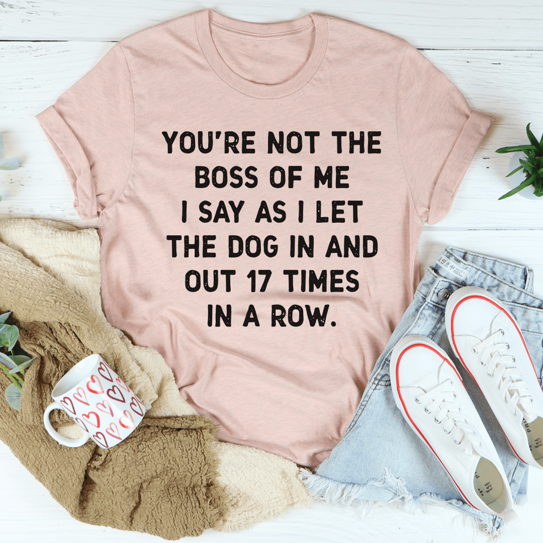 Mauve crewneck T-shirt with large black dog slogan typography on the front.