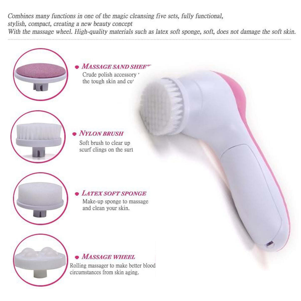 Facial cleansing scrubber with white-and-pink rotating head and brush attachments