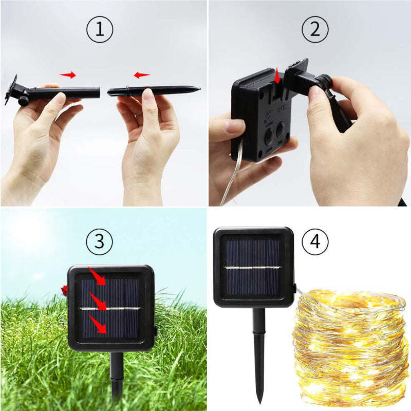 Small solar stake light unit with square panel, shown being installed outdoors