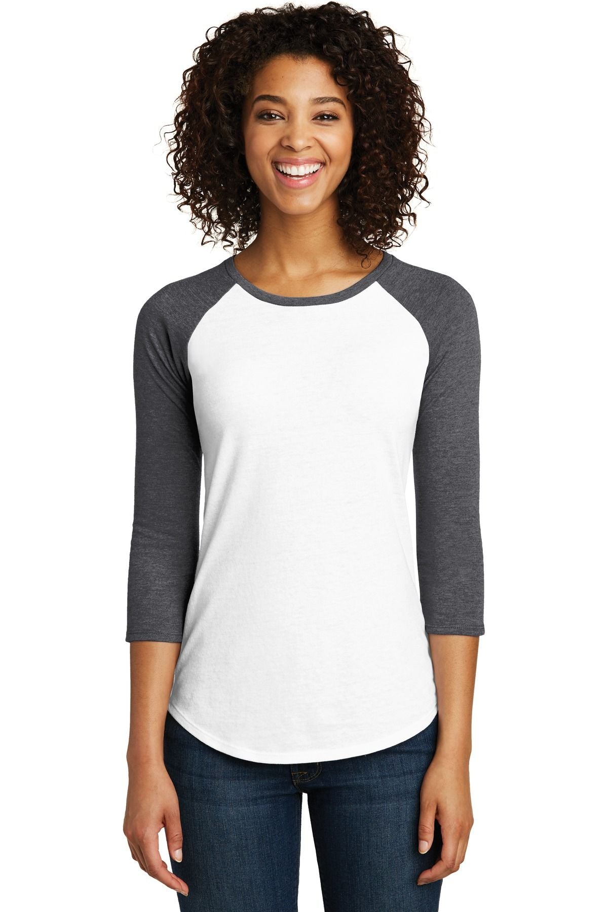 Women’s fitted raglan tee with contrast 3/4 sleeves, white body and heather gray sleeves