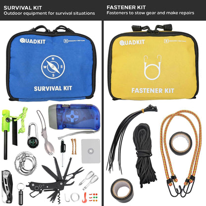 Survival kit and fastener kit pouches with cords, rope, and assorted emergency tools
