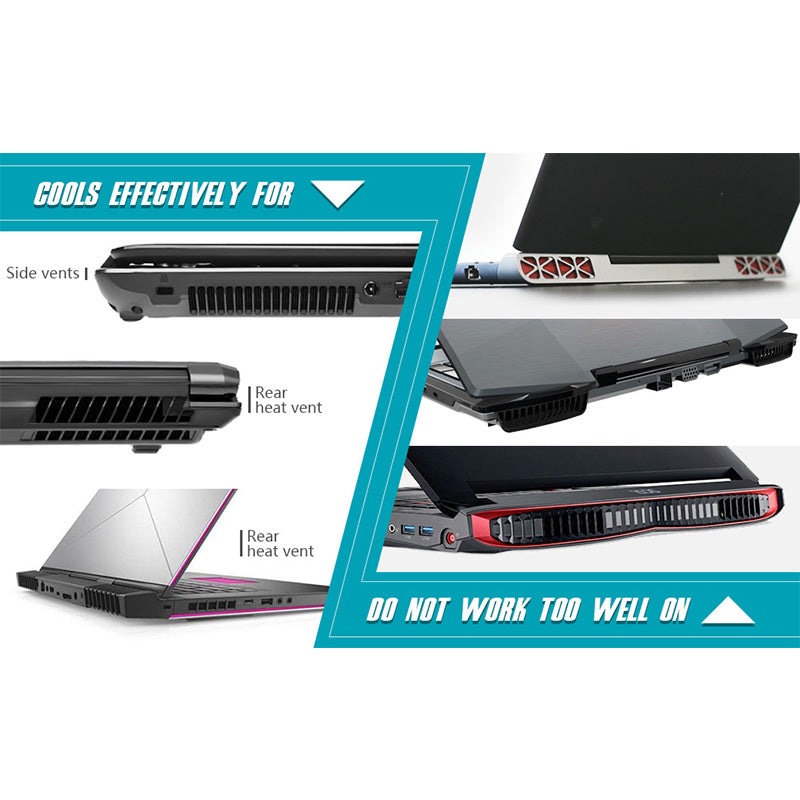 Black laptop fan cooler showing air vent openings for cooling intake and exhaust