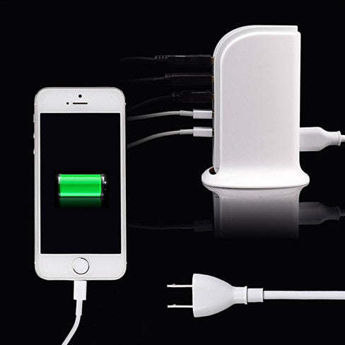 White power tower charger with side USB ports and plug/cable connector on the right