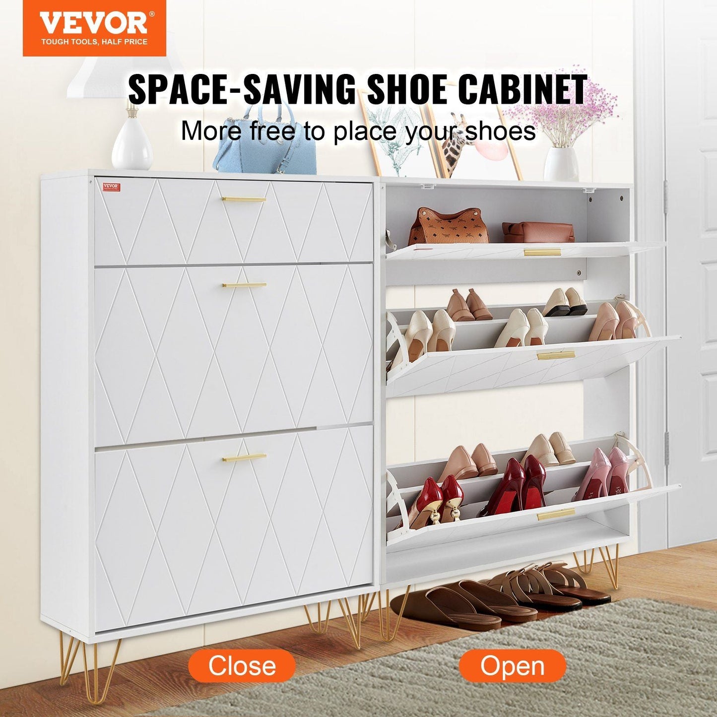 VEVOR Shoe Cabinet with 3 Flip Drawers, Shoe Storage Cabinet for Entryway, Free Standing Shoe Storage Organizer for Heels, Boots, Slippers in Hallway, Living Room