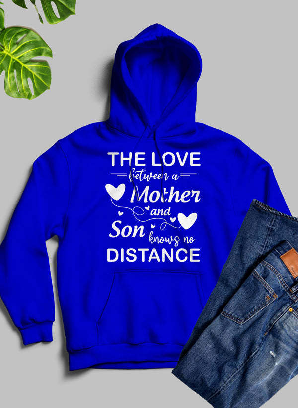 Royal blue hoodie with heart graphic and “The Love” “Mother and Son” text