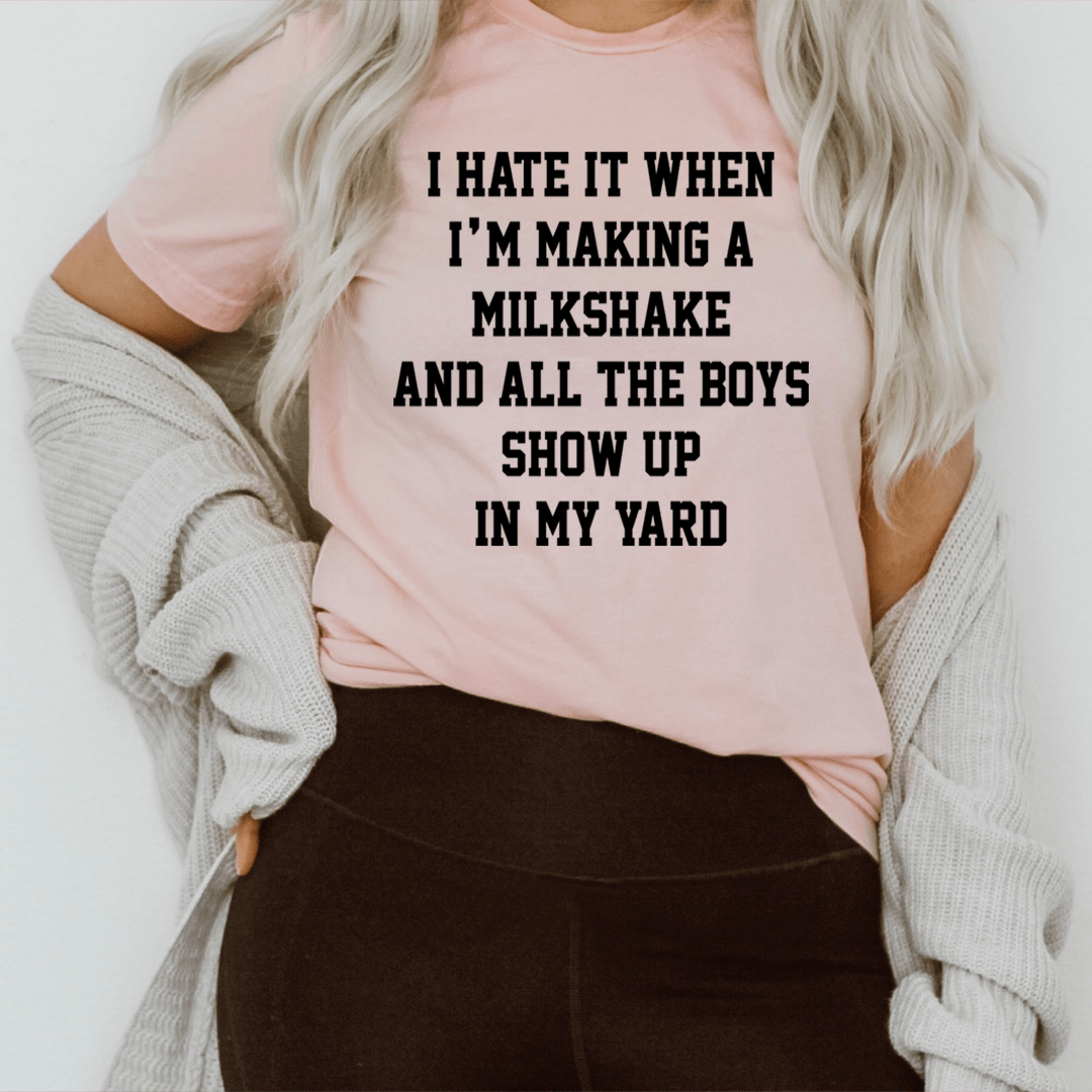 Pink short-sleeve T-shirt with black yard-quote slogan print